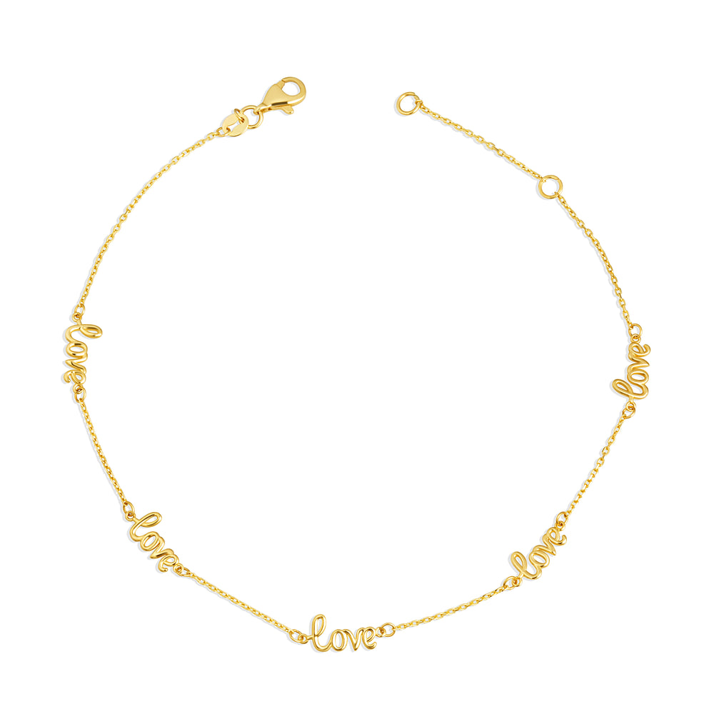 Love script anklet in solid 14K yellow gold, full view