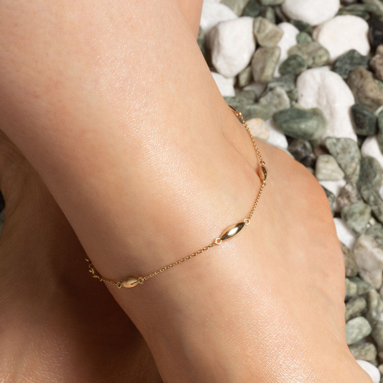 14K Yellow Gold Marquise Shape Link Anklet, view 2