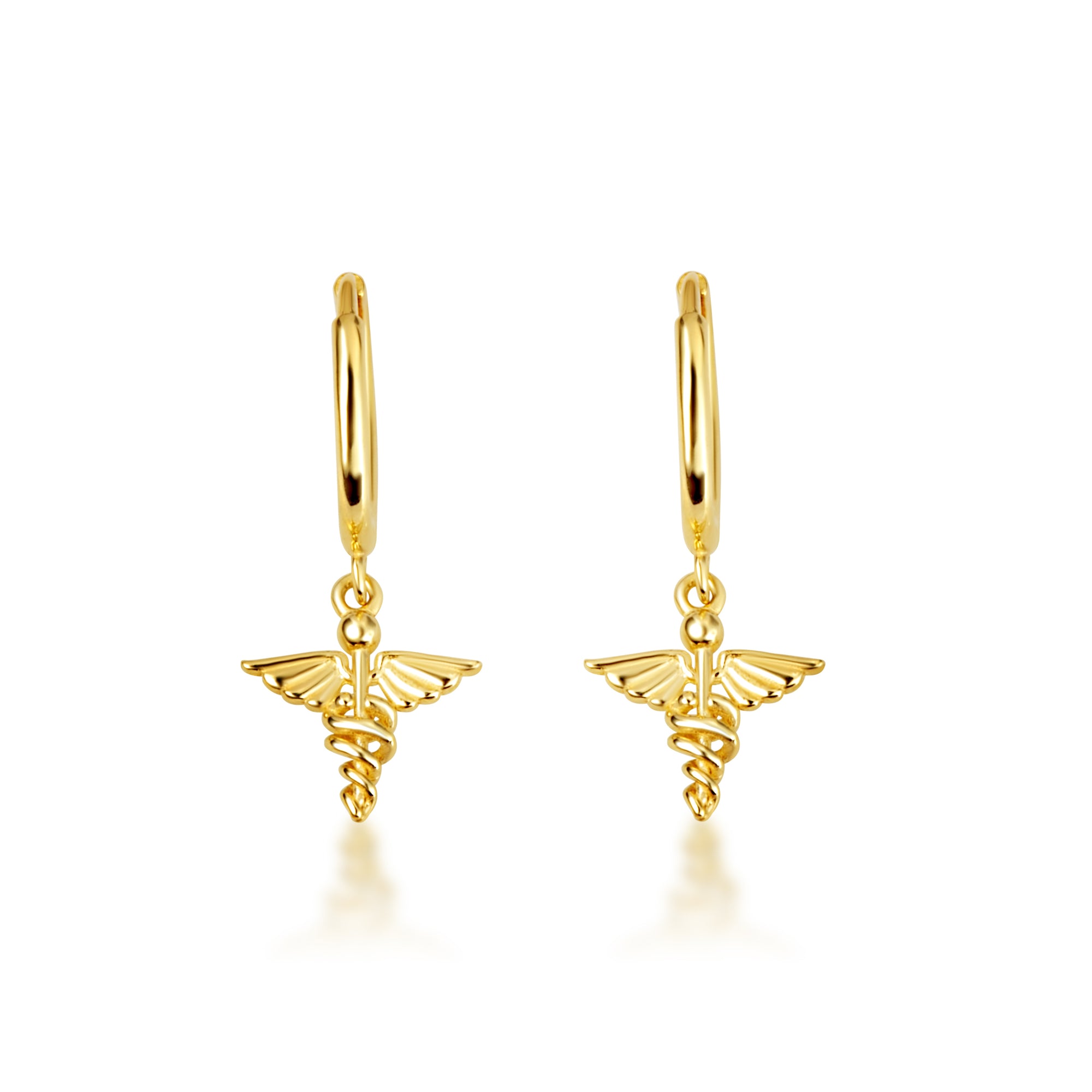 14K Yellow Gold Medical Nurse RN Caduceus Staff Drop Earrings