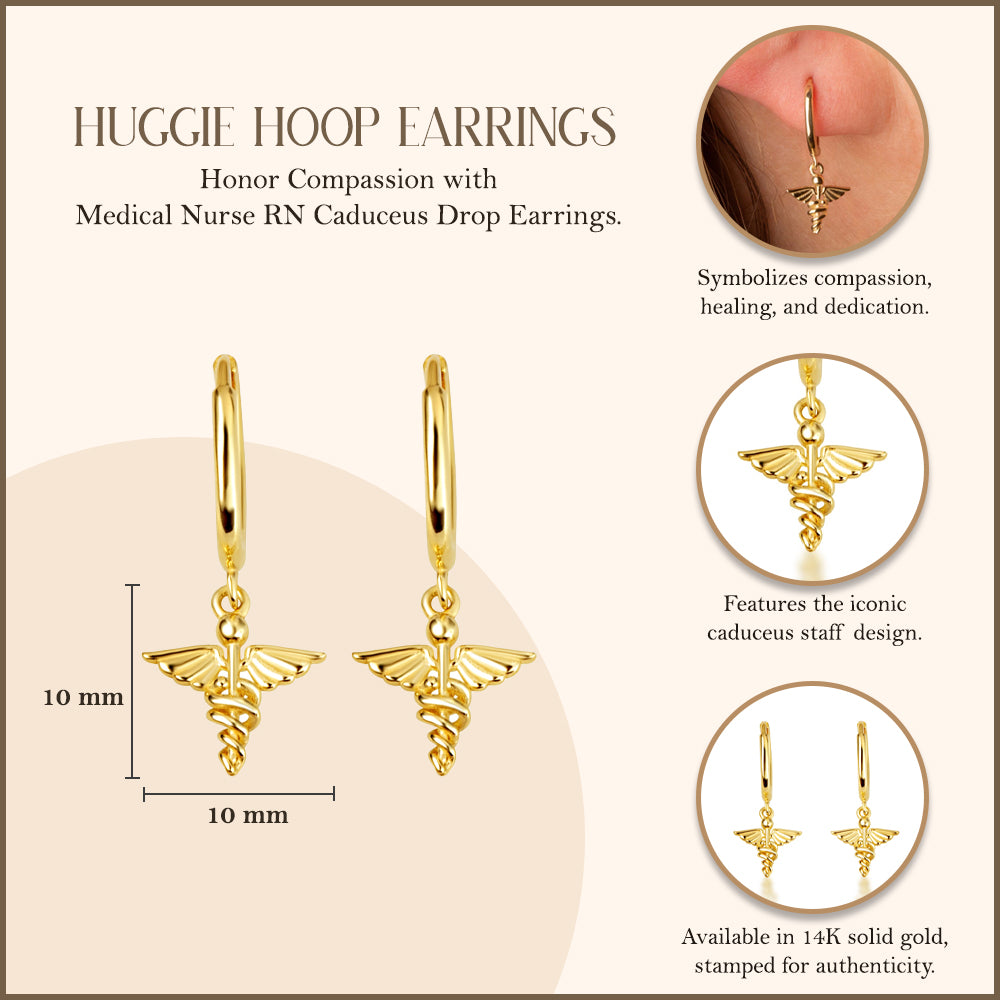 14K Yellow Gold Medical Nurse RN Caduceus Staff Drop Earrings, view 3