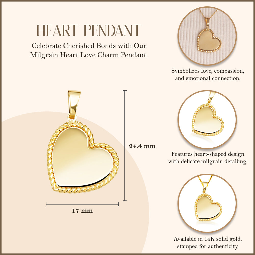 14K Yellow Gold Milgrain Heart Love Charm Pendant Necklace, view 3