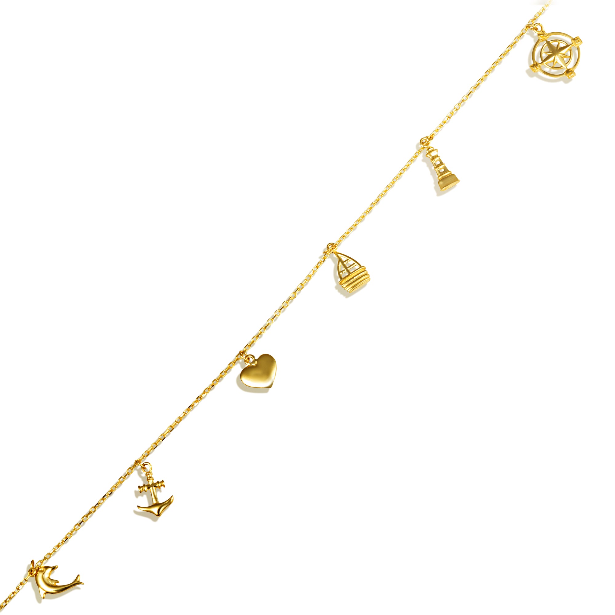 14K Yellow Gold Nautical Anchor Ocean Dolphin Charm Bracelet 7", view 4