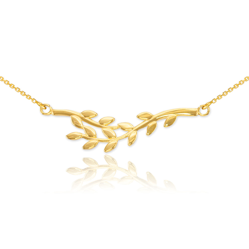 Slender olive branch necklace in solid 14K yellow gold, full view