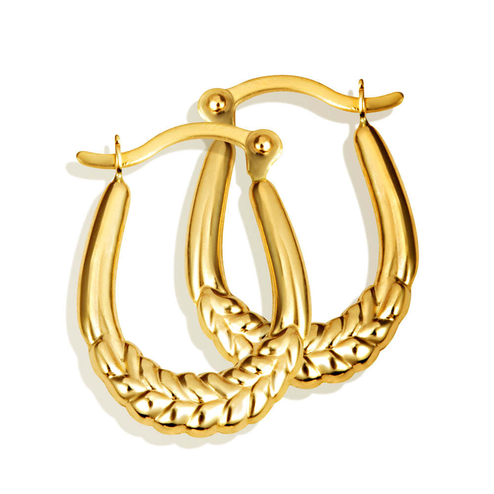 Pair of sculpted olive leaf hoop earrings in solid 14K yellow gold
