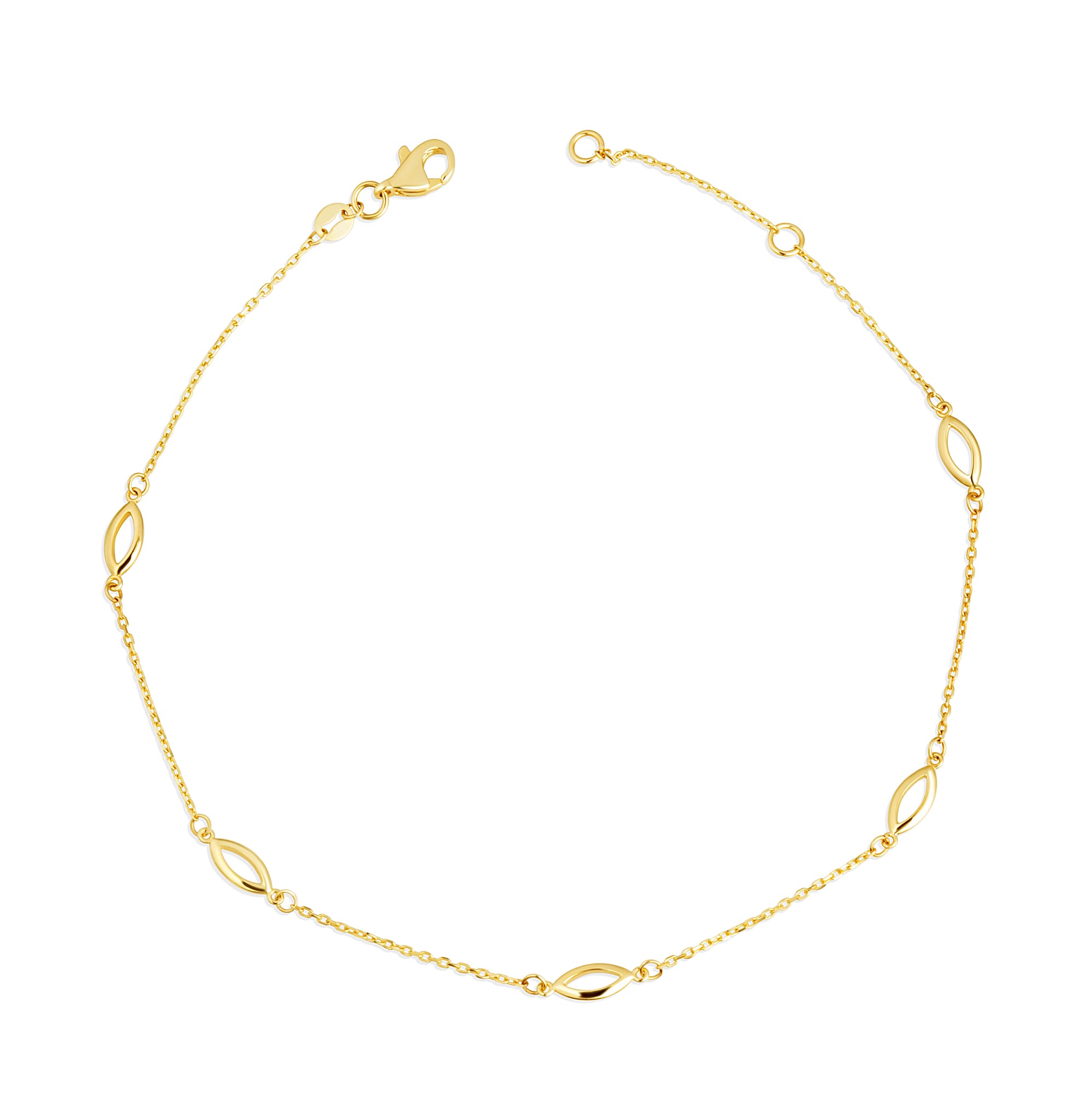 Oval-link anklet in solid 14K yellow gold, full view