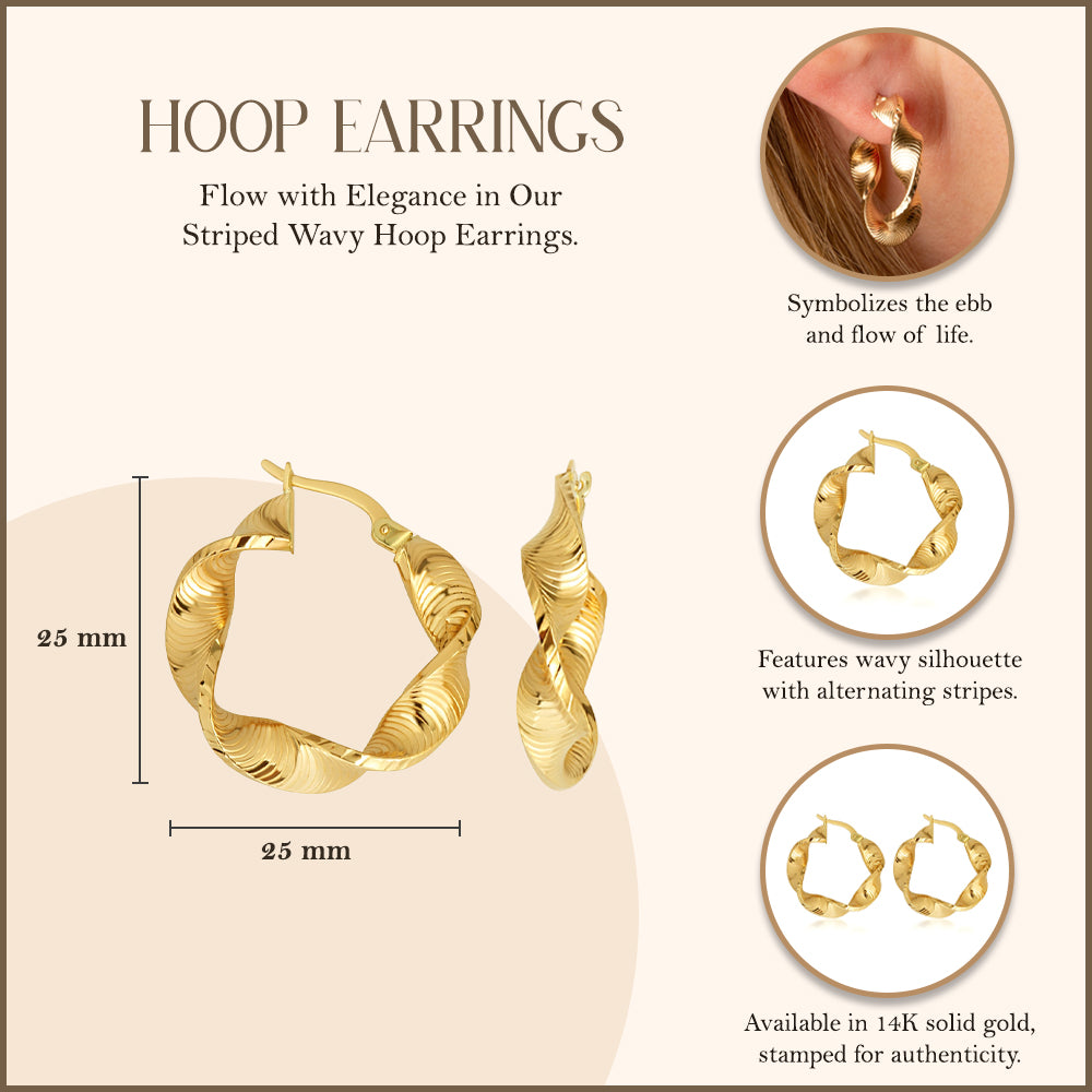 14K Yellow Gold Oval Striped Wavy Hoop Earrings, view 3
