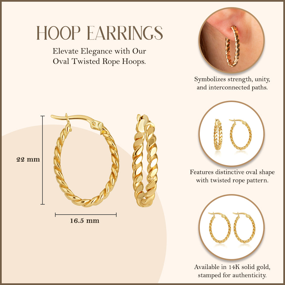 14K Yellow Gold Oval Twisted Rope Hoop Earrings, view 3