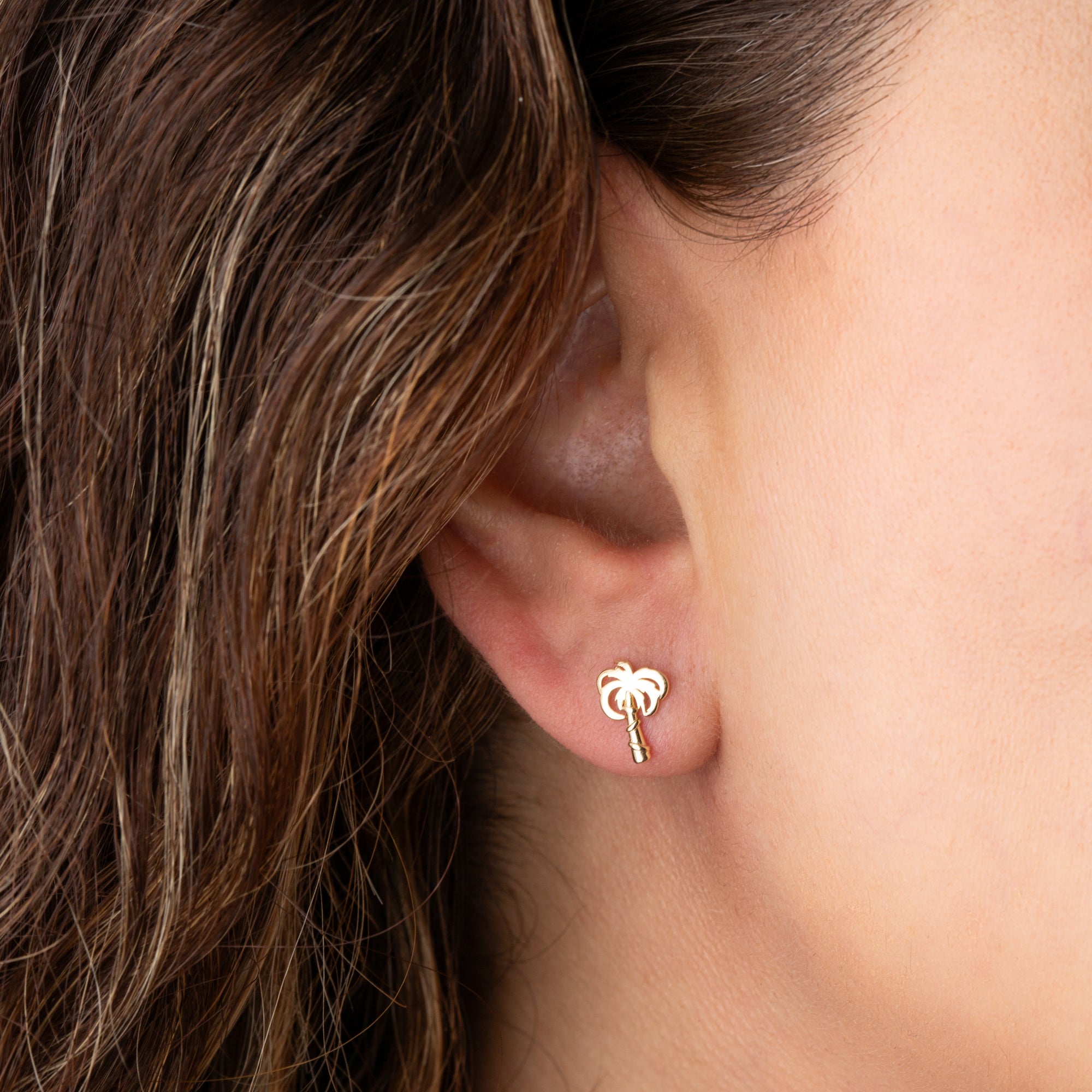 14K Yellow Gold Palm Tree Stud Earrings, view 2