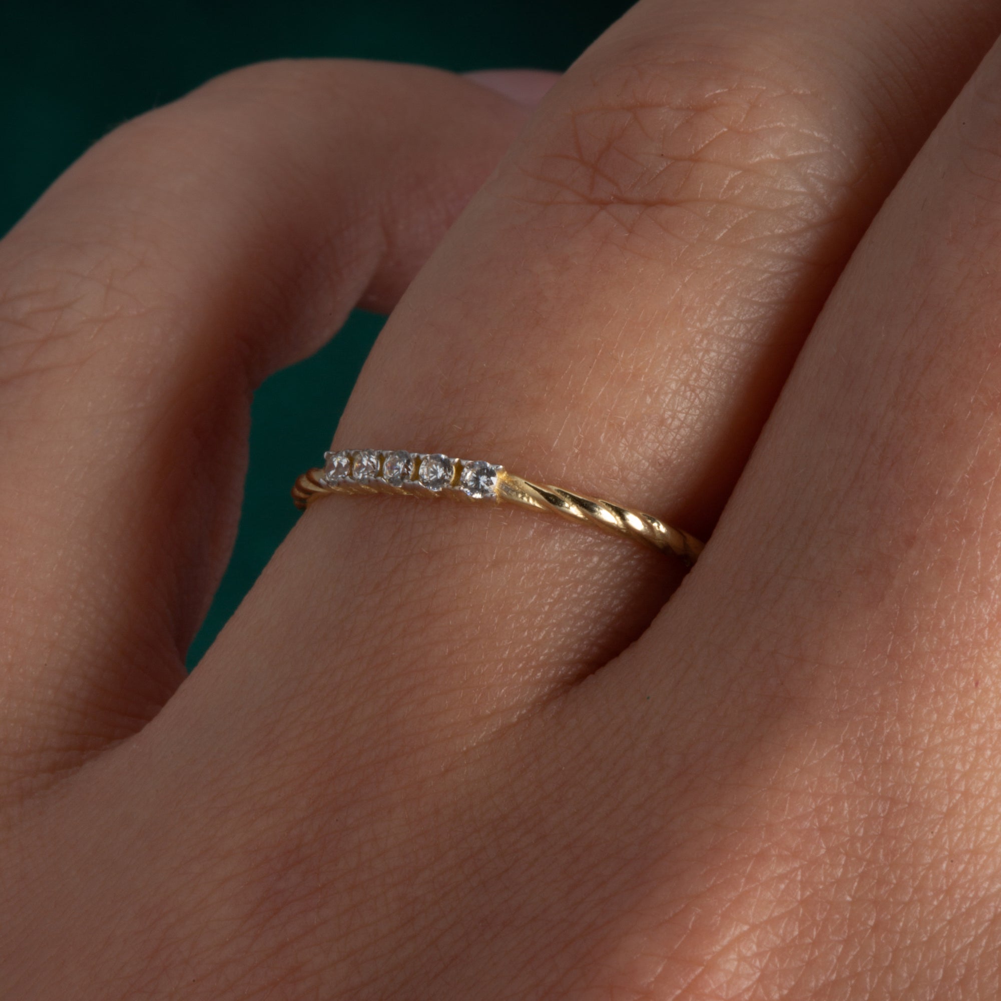 14K Yellow Gold Pave Set Cubic Zirconia Rope Twist Band Ring, view 2