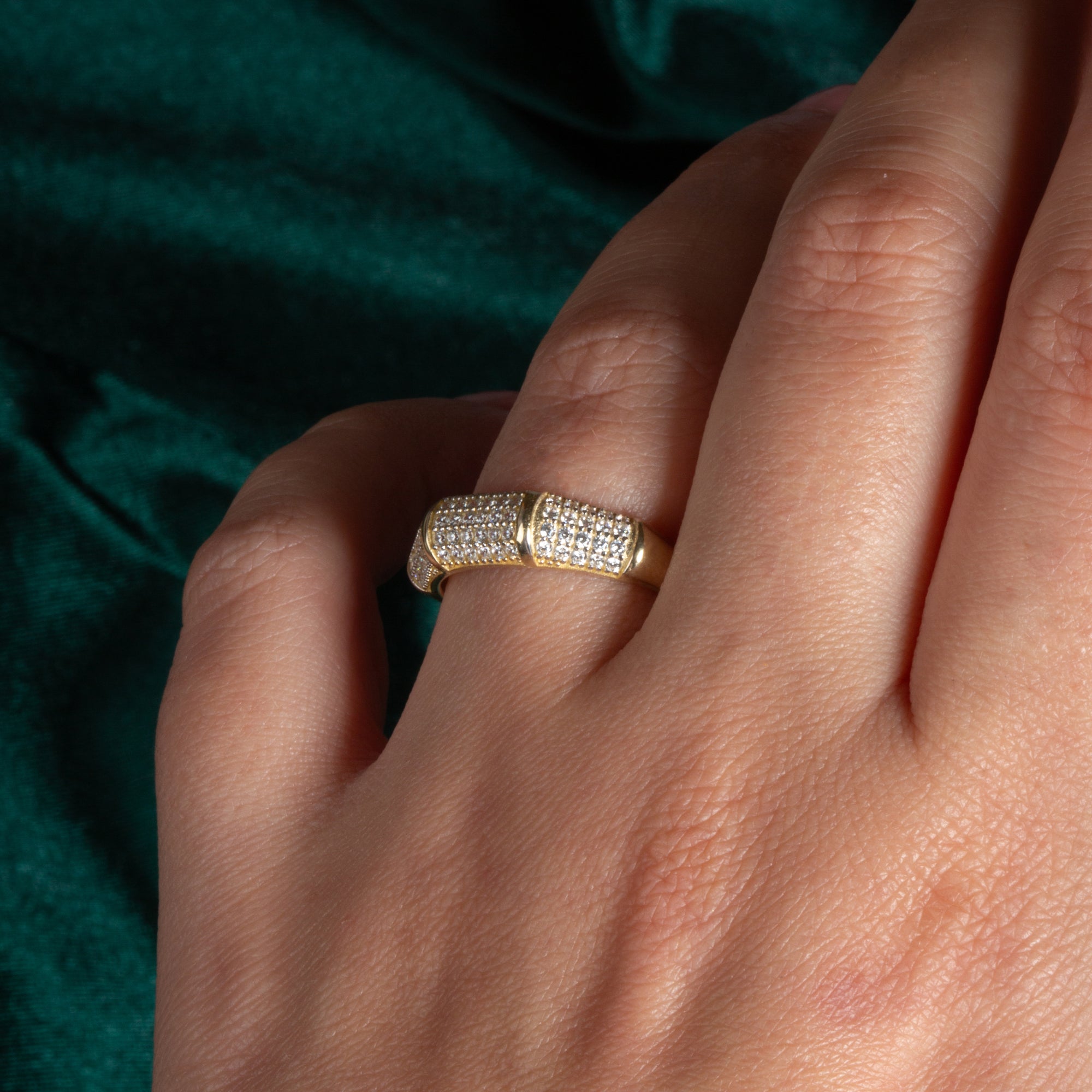14K Yellow Gold Pave Set Cubic Zirconia Striped Band Ring, view 2