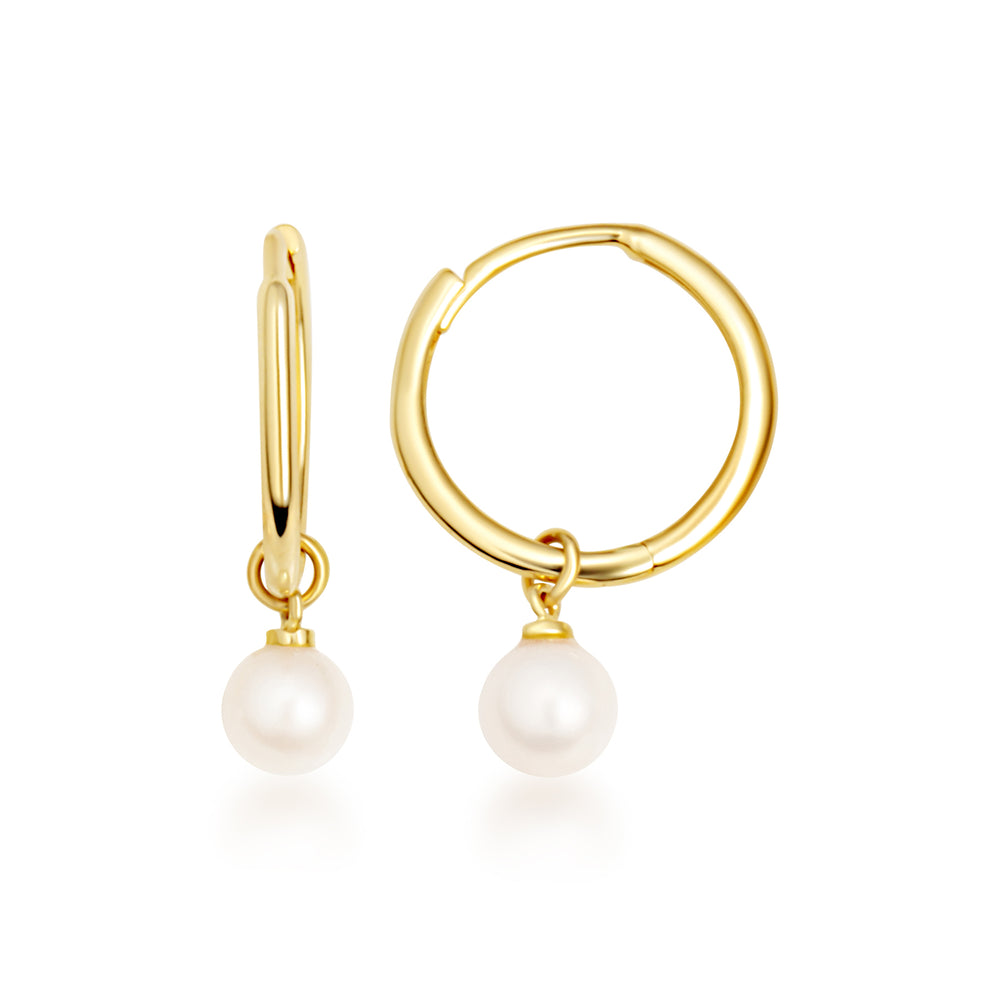 14K Yellow Gold Pearl Drop Huggie Earrings