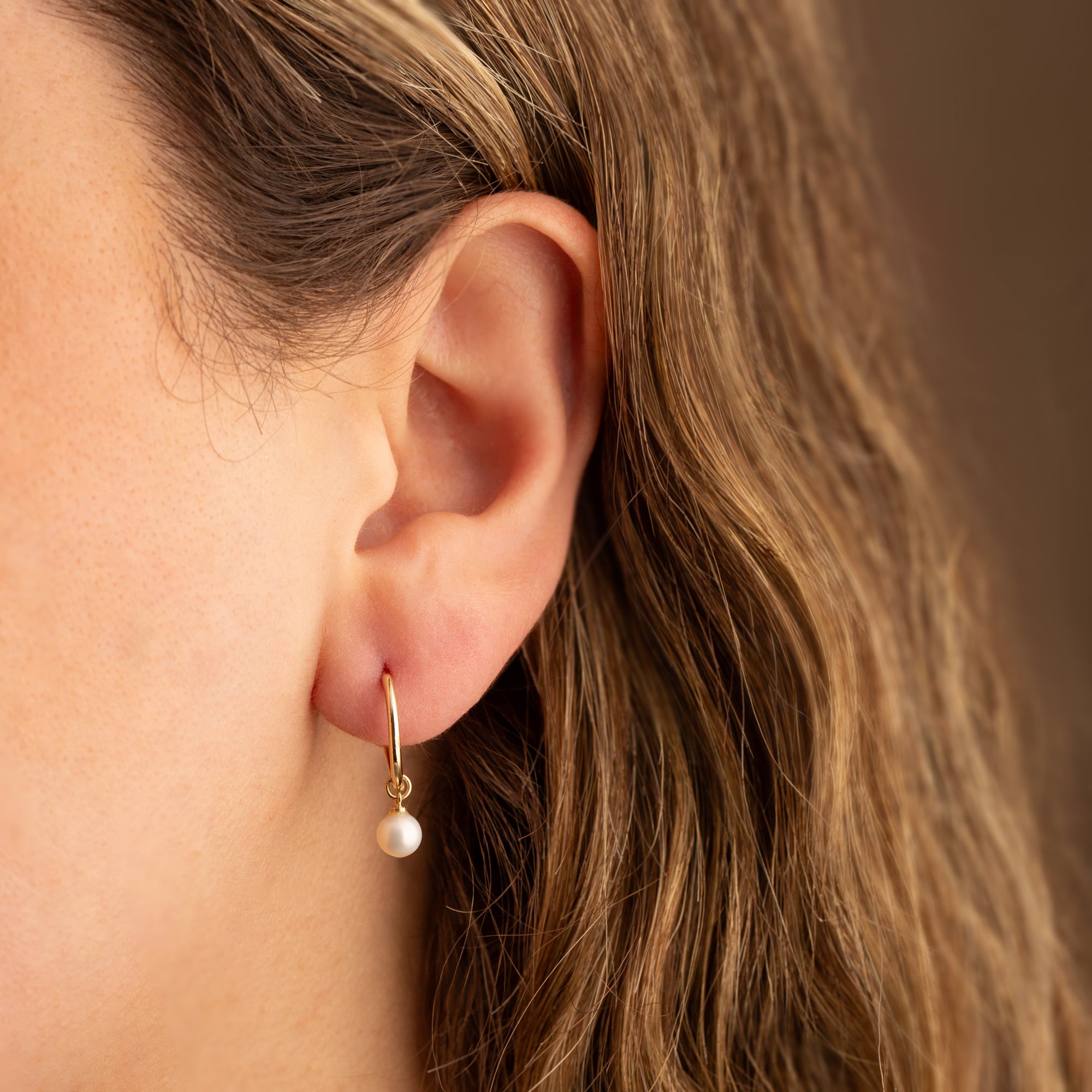 14K Yellow Gold Pearl Drop Huggie Earrings, view 2