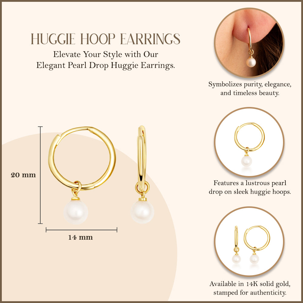 14K Yellow Gold Pearl Drop Huggie Earrings, view 3
