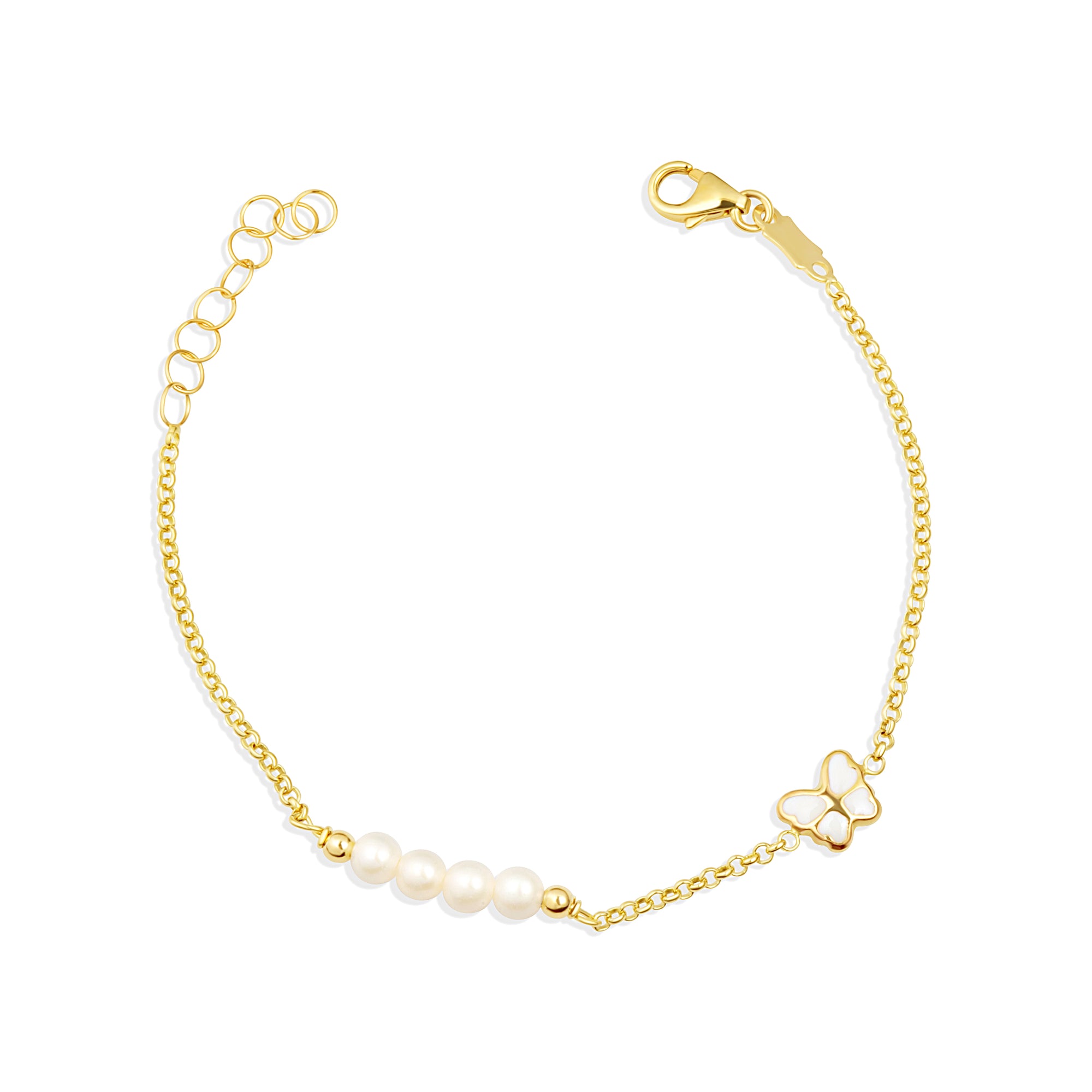 14K Yellow Gold Pearl Enamel Butterfly Charm Baby Bracelet