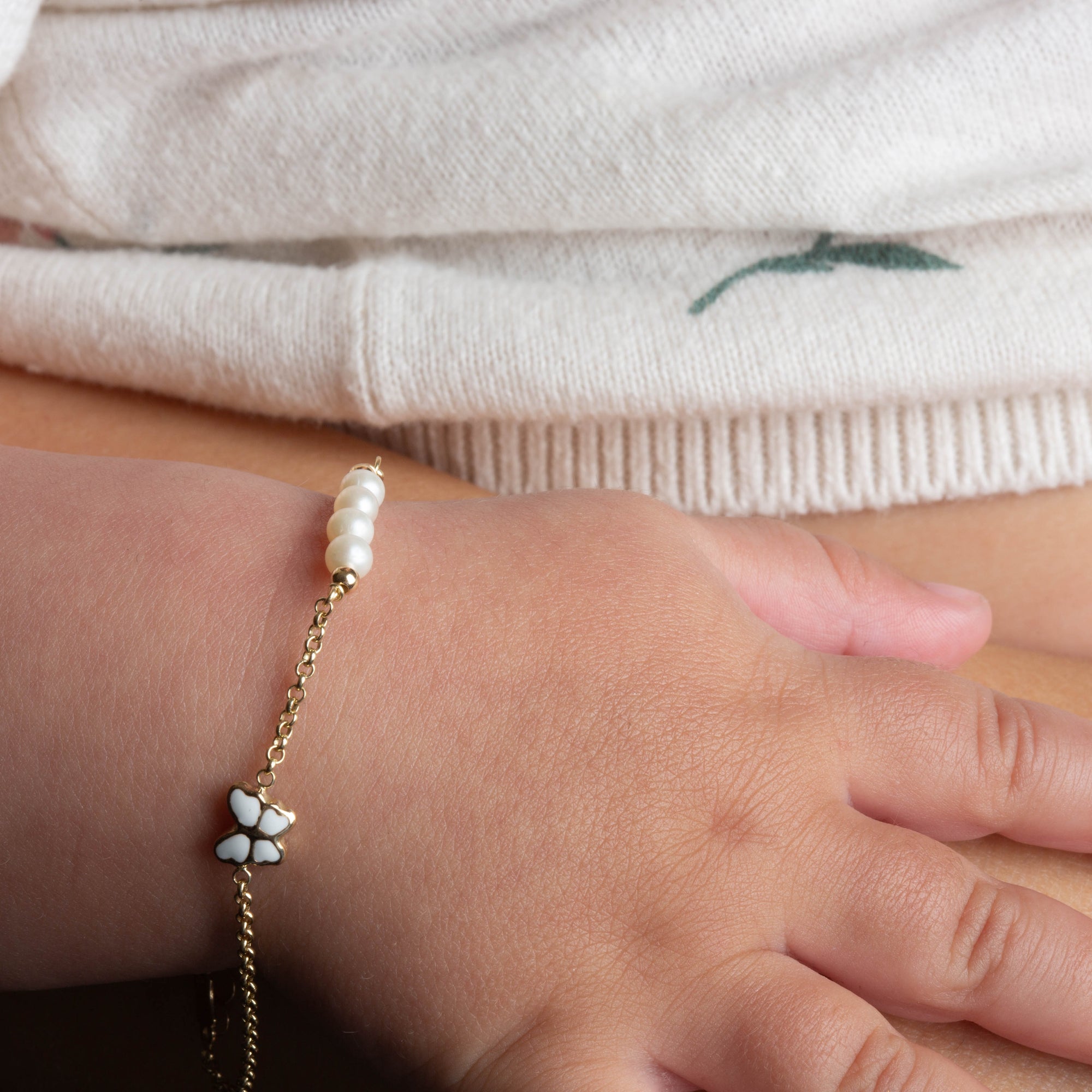 14K Yellow Gold Pearl Enamel Butterfly Charm Baby Bracelet, view 2