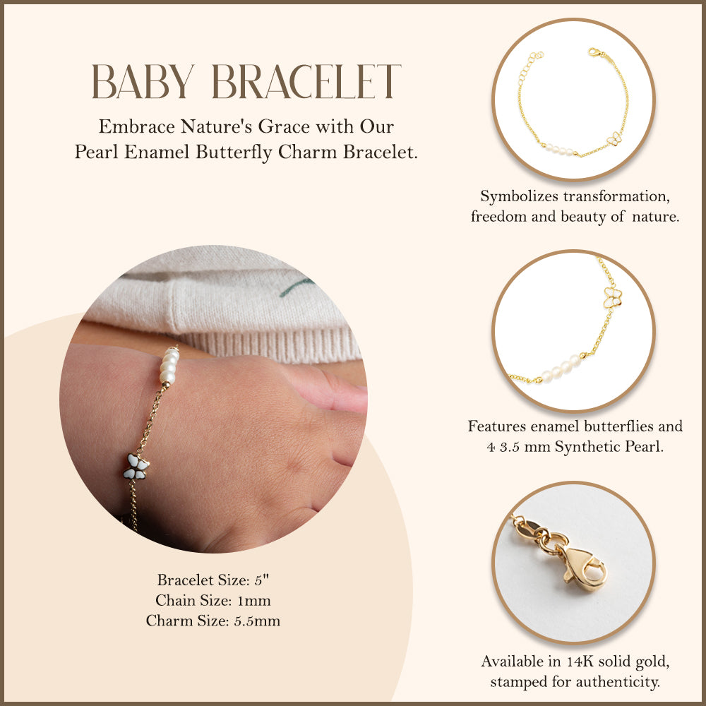 14K Yellow Gold Pearl Enamel Butterfly Charm Baby Bracelet, view 3