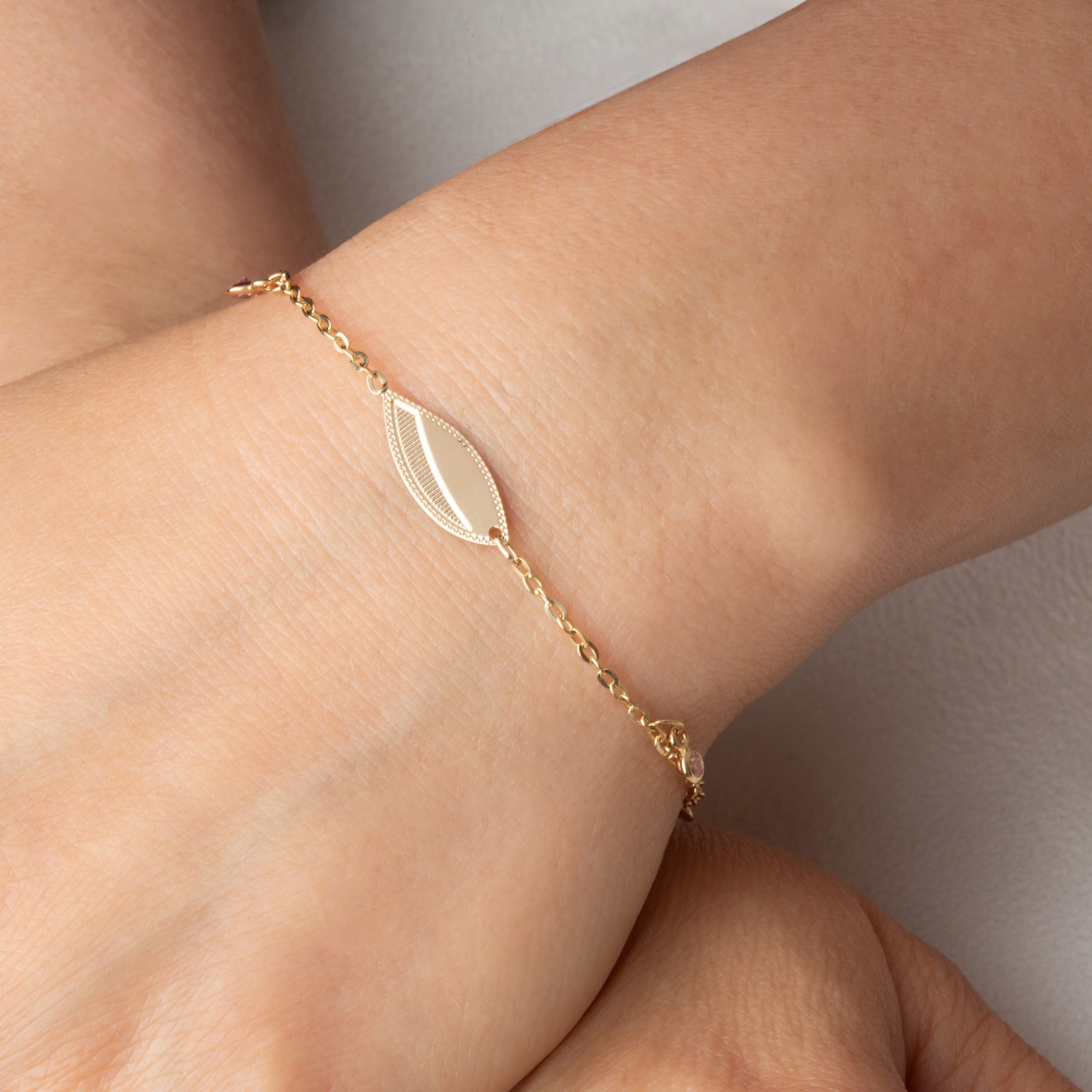 14K Yellow Gold Pink Birthstone Oval Nameplate Bracelet, view 2