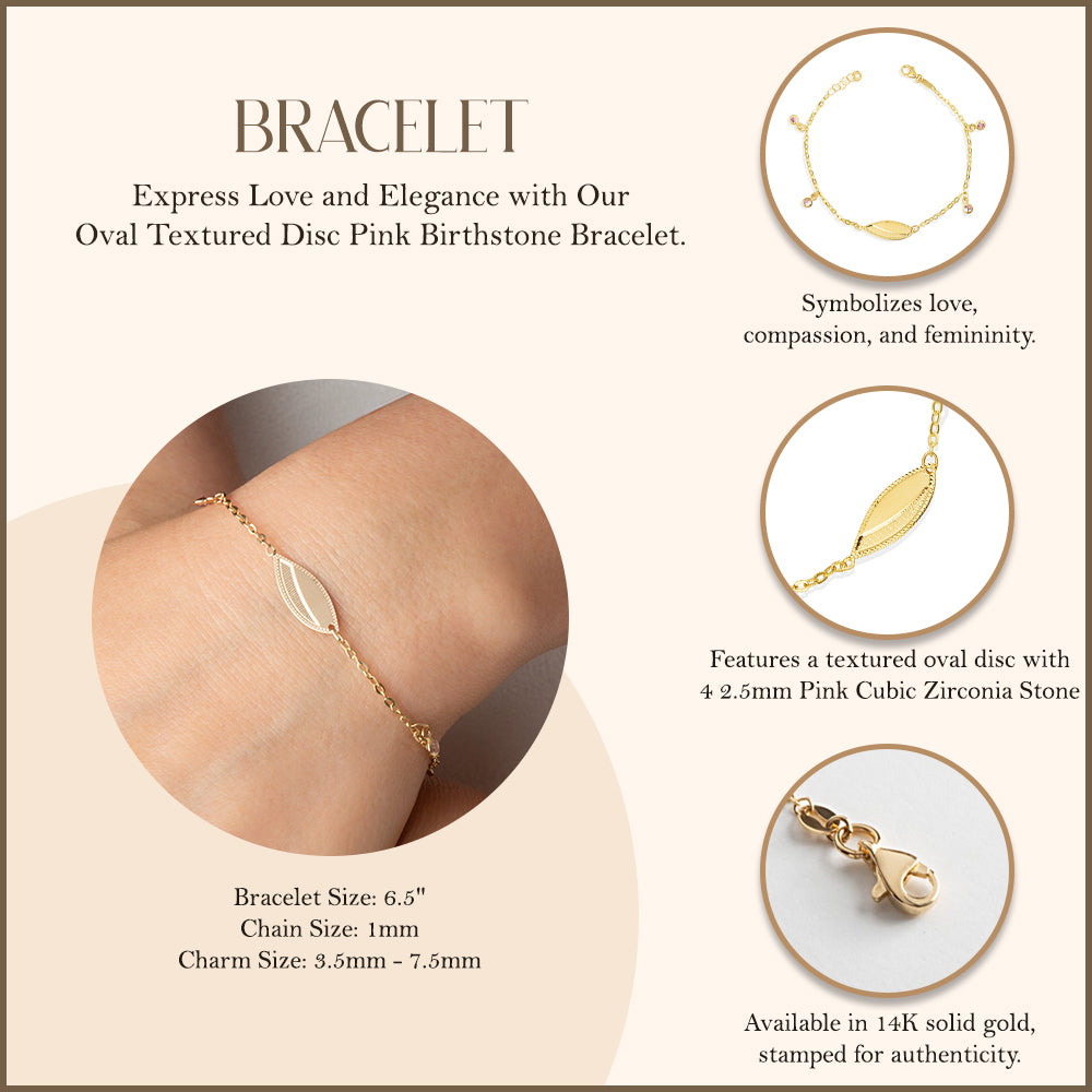 14K Yellow Gold Pink Birthstone Oval Nameplate Bracelet, view 3