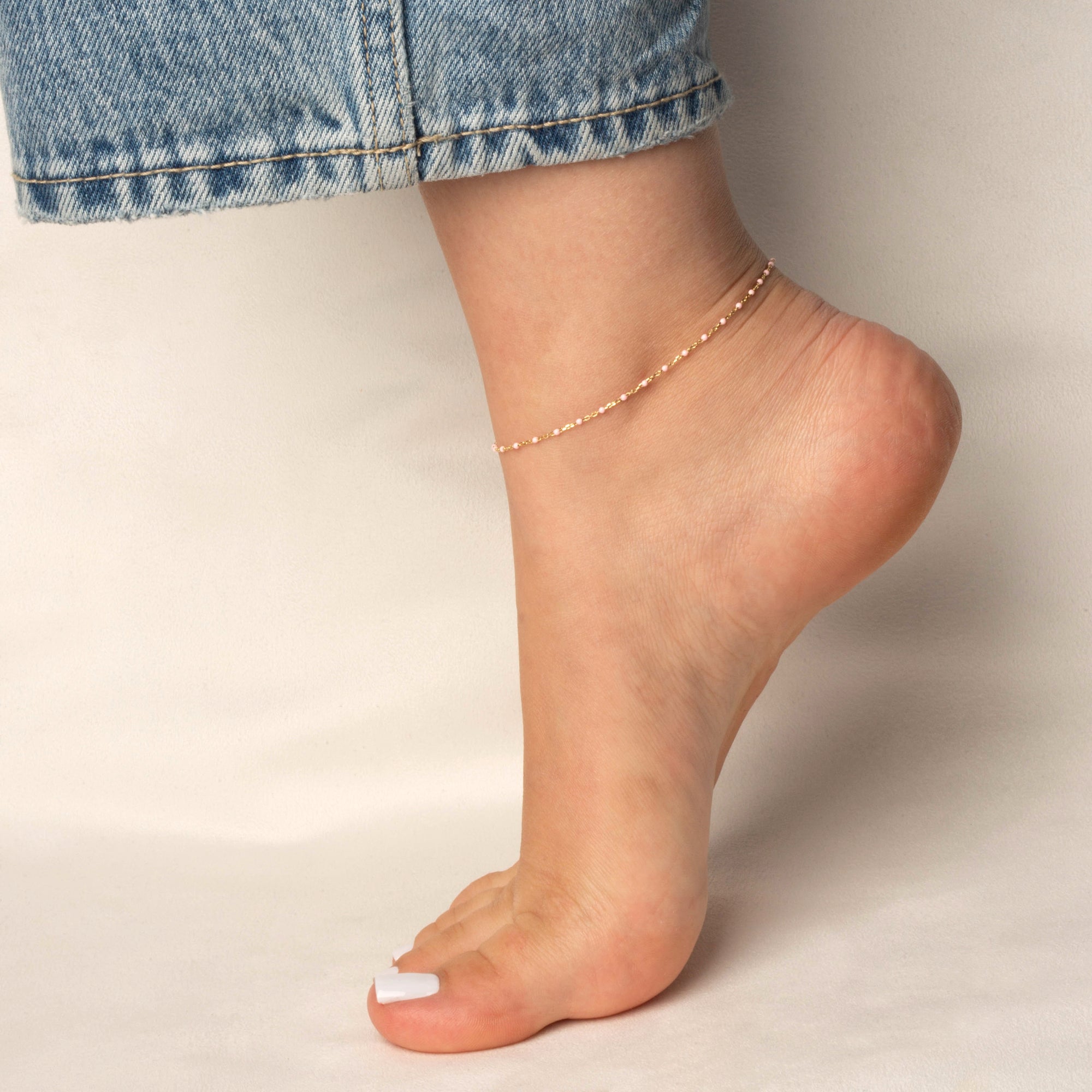 14K Yellow Gold Pink Enamel Bead Anklet, view 2