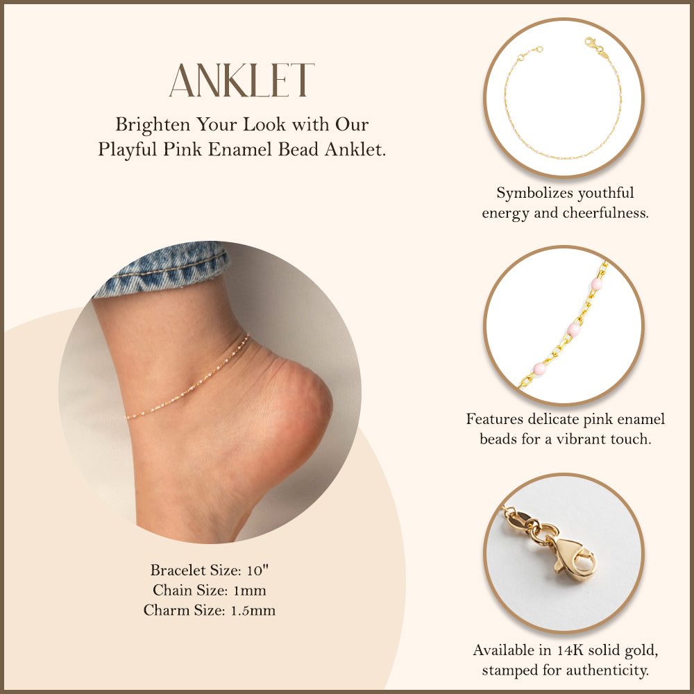 14K Yellow Gold Pink Enamel Bead Anklet, view 3