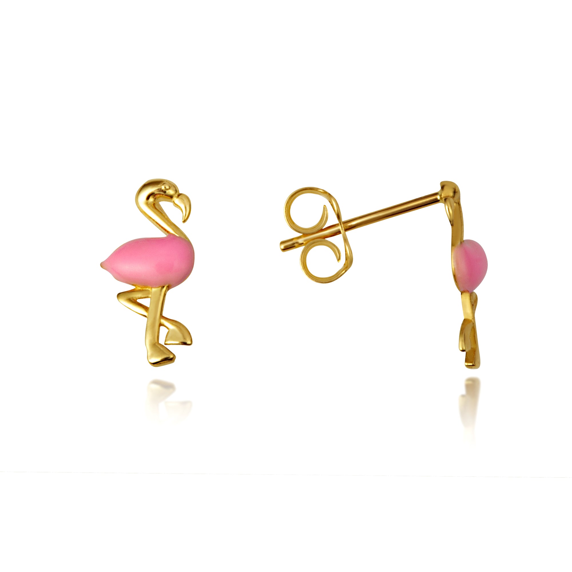 14K Yellow Gold Pink Enamel Flamingo Bird Stud Earrings