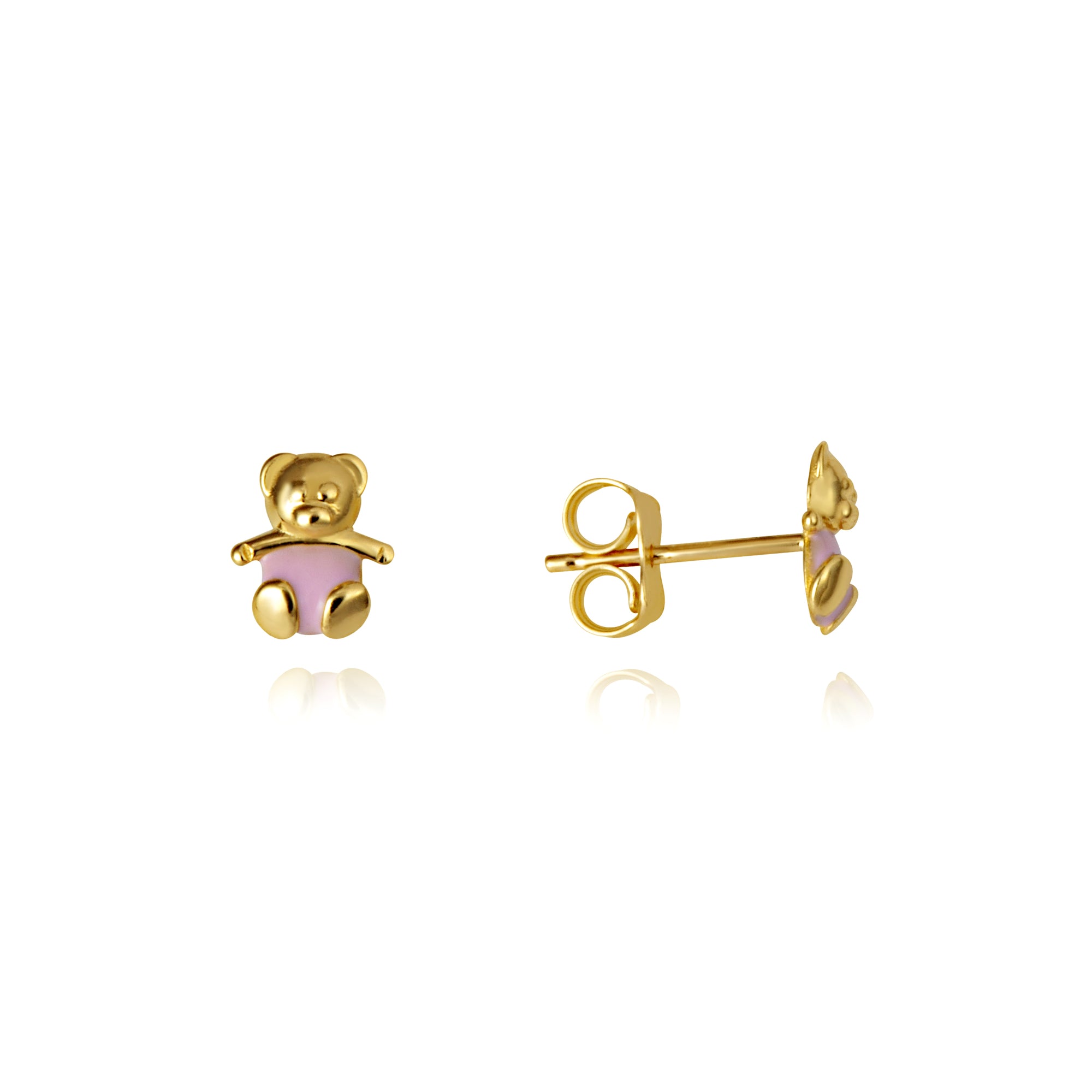 14K Yellow Gold Pink Enamel Teddy Bear Stud Earrings