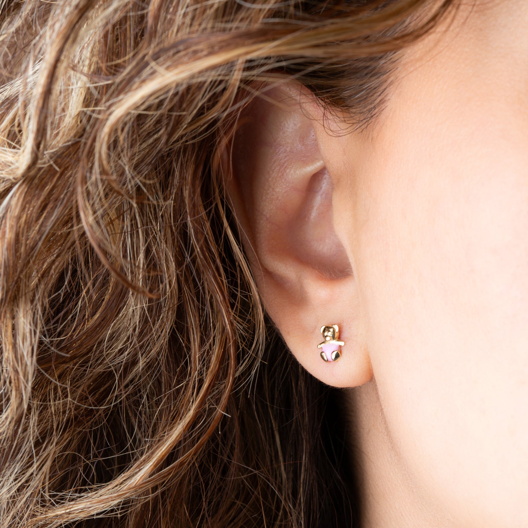 14K Yellow Gold Pink Enamel Teddy Bear Stud Earrings, view 2