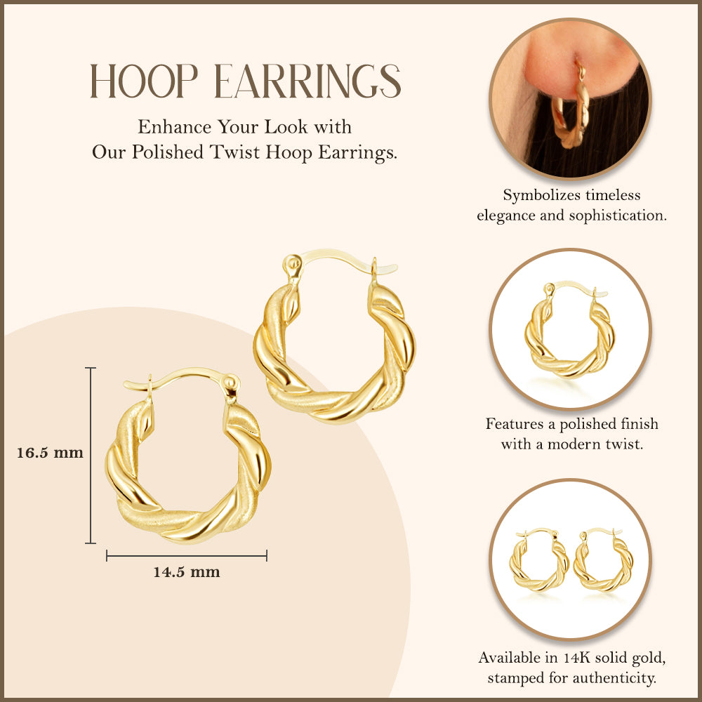 14K Yellow Gold Polished Twist Hoop Earrings, view 3