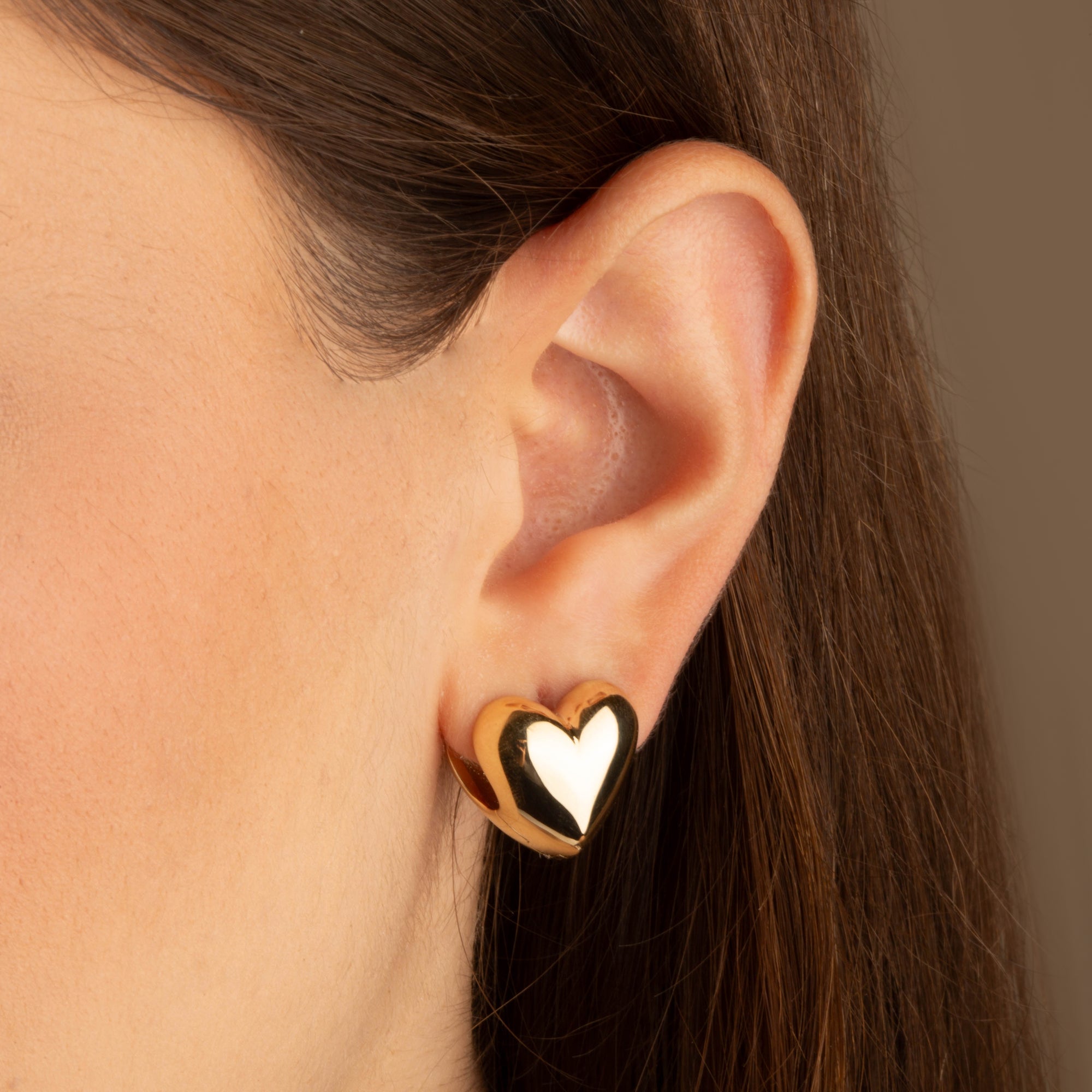 14K Yellow Gold Puffed Heart Huggie Hoop Earrings, view 2