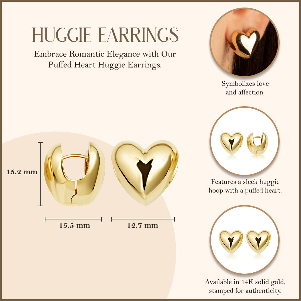 14K Yellow Gold Puffed Heart Huggie Hoop Earrings, view 3