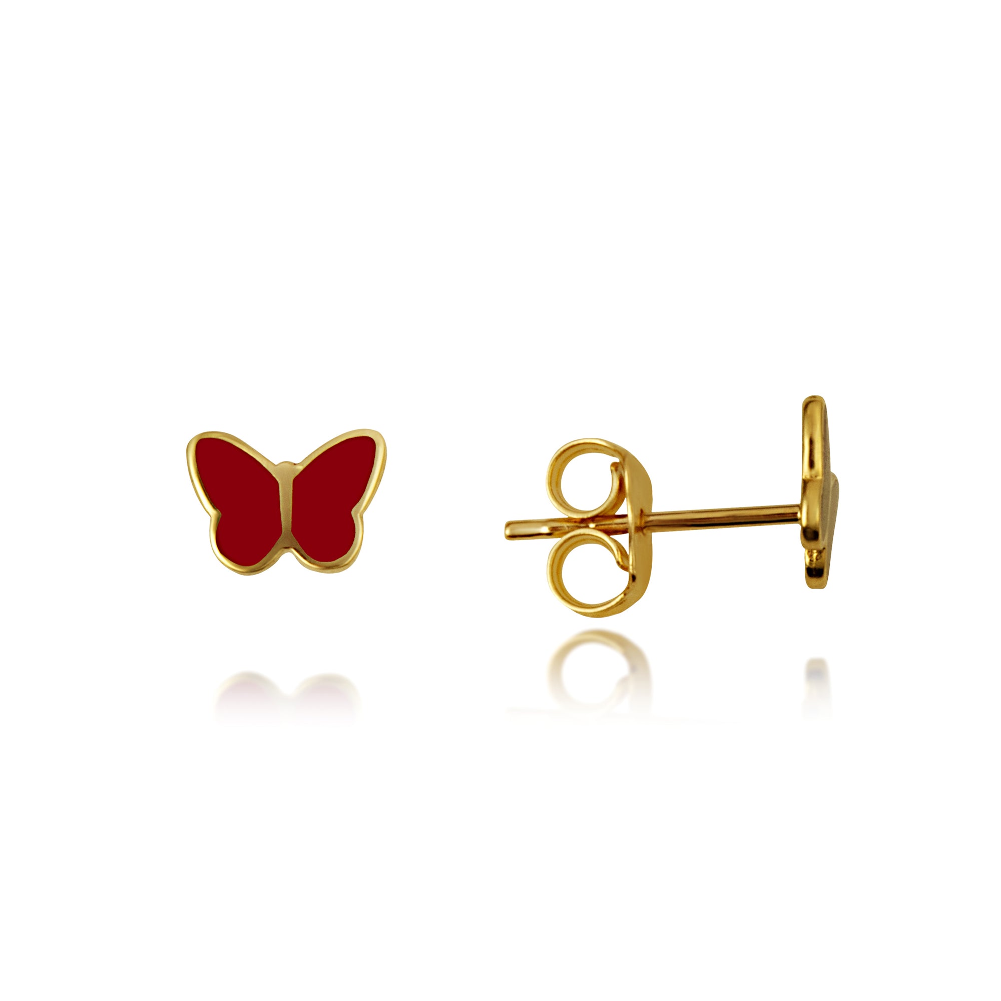 14K Yellow Gold Red Enamel Butterfly Stud Earrings