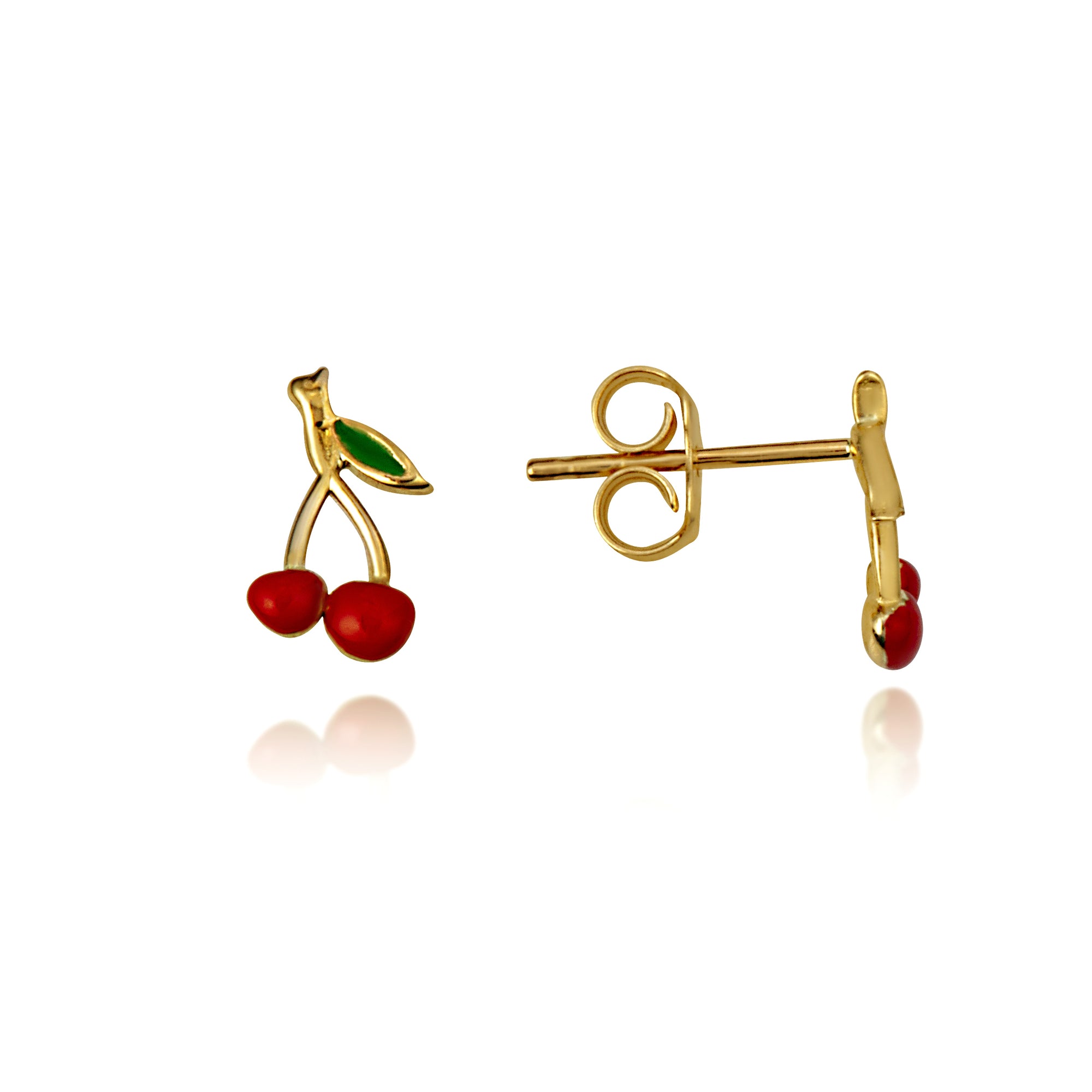 14K Yellow Gold Red Enamel Cherry Fruit Stud Earrings