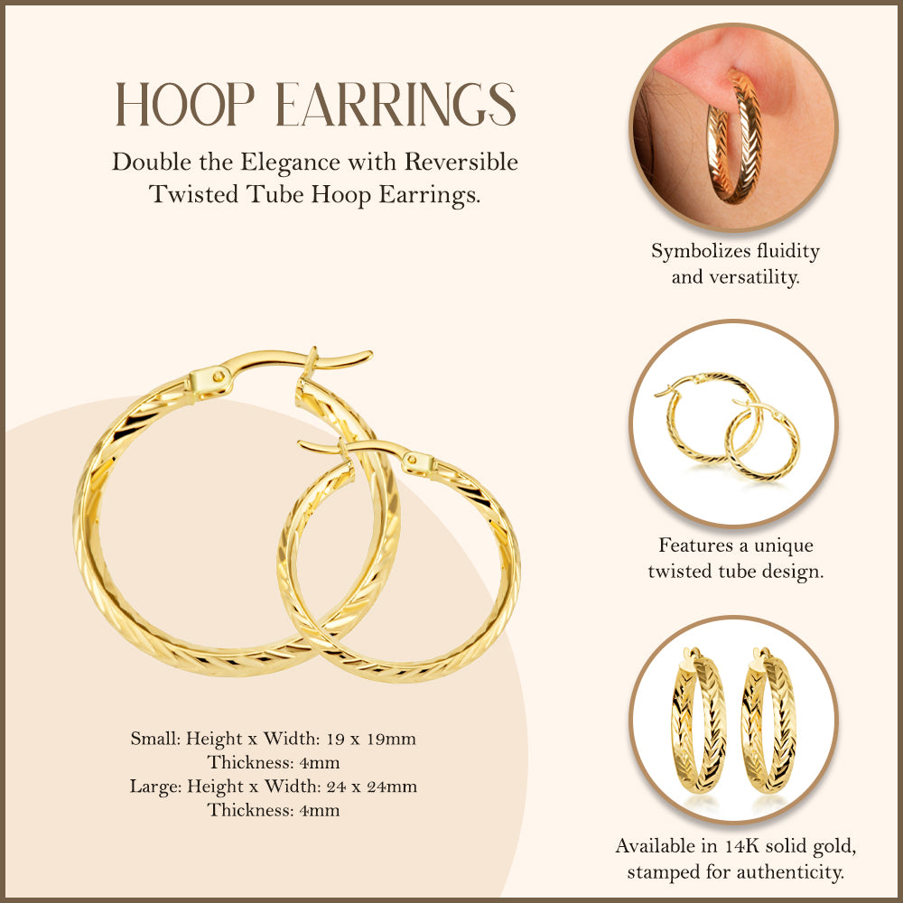 14K Yellow Gold Reversible Twisted Tube Hoop Earrings, view 4