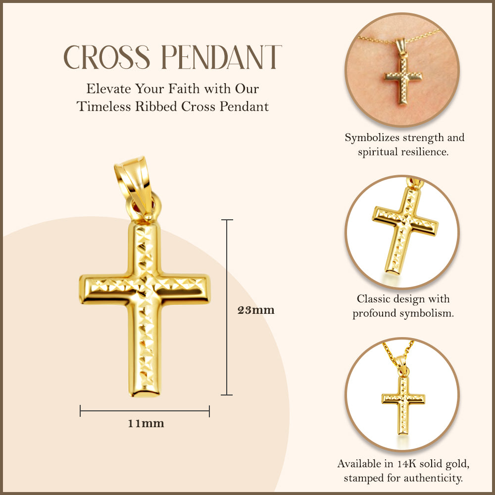 14K Yellow Gold Ribbed Cross Pendant Necklace, view 3