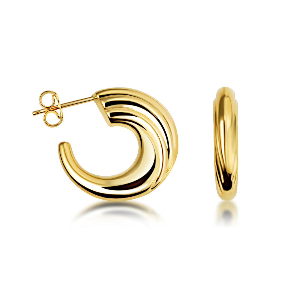 14K Yellow Gold Ribbed Hoop Stud Earrings