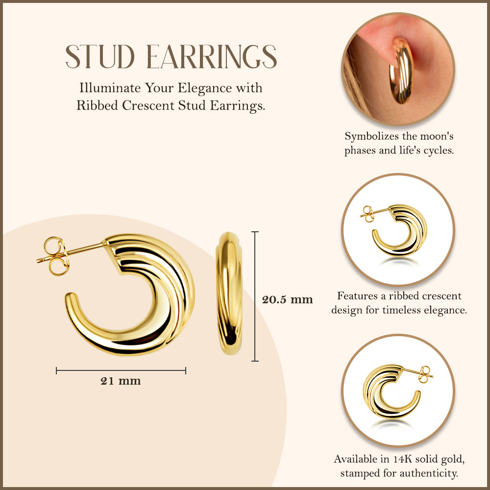 14K Yellow Gold Ribbed Hoop Stud Earrings, view 3