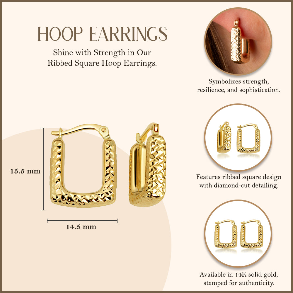 14K Yellow Gold Ribbed Square Hoop Diamond Cut Earrings, view 3