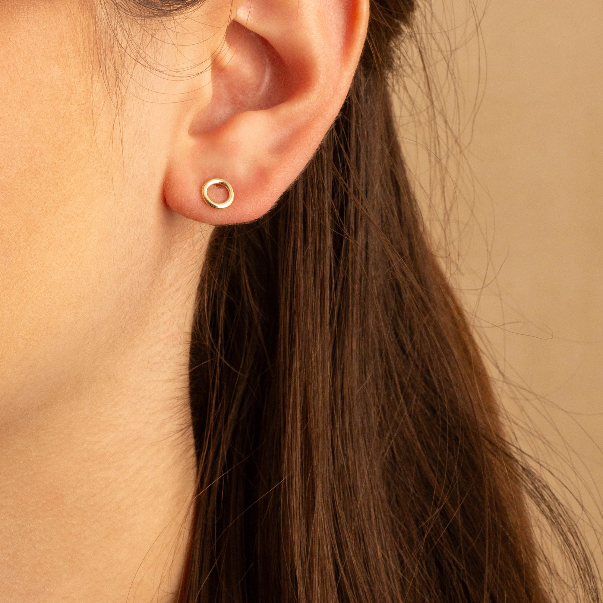 14K Yellow Gold Round Circle Stud Earrings, view 2