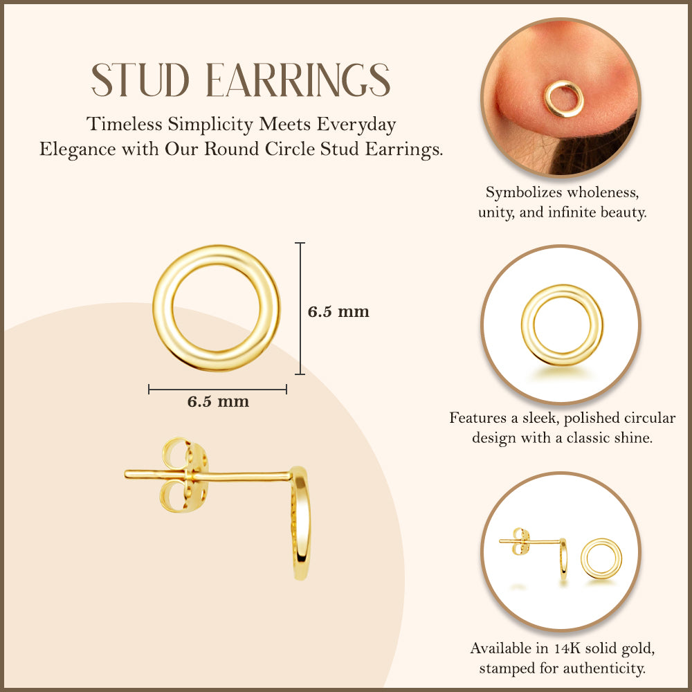 14K Yellow Gold Round Circle Stud Earrings, view 3