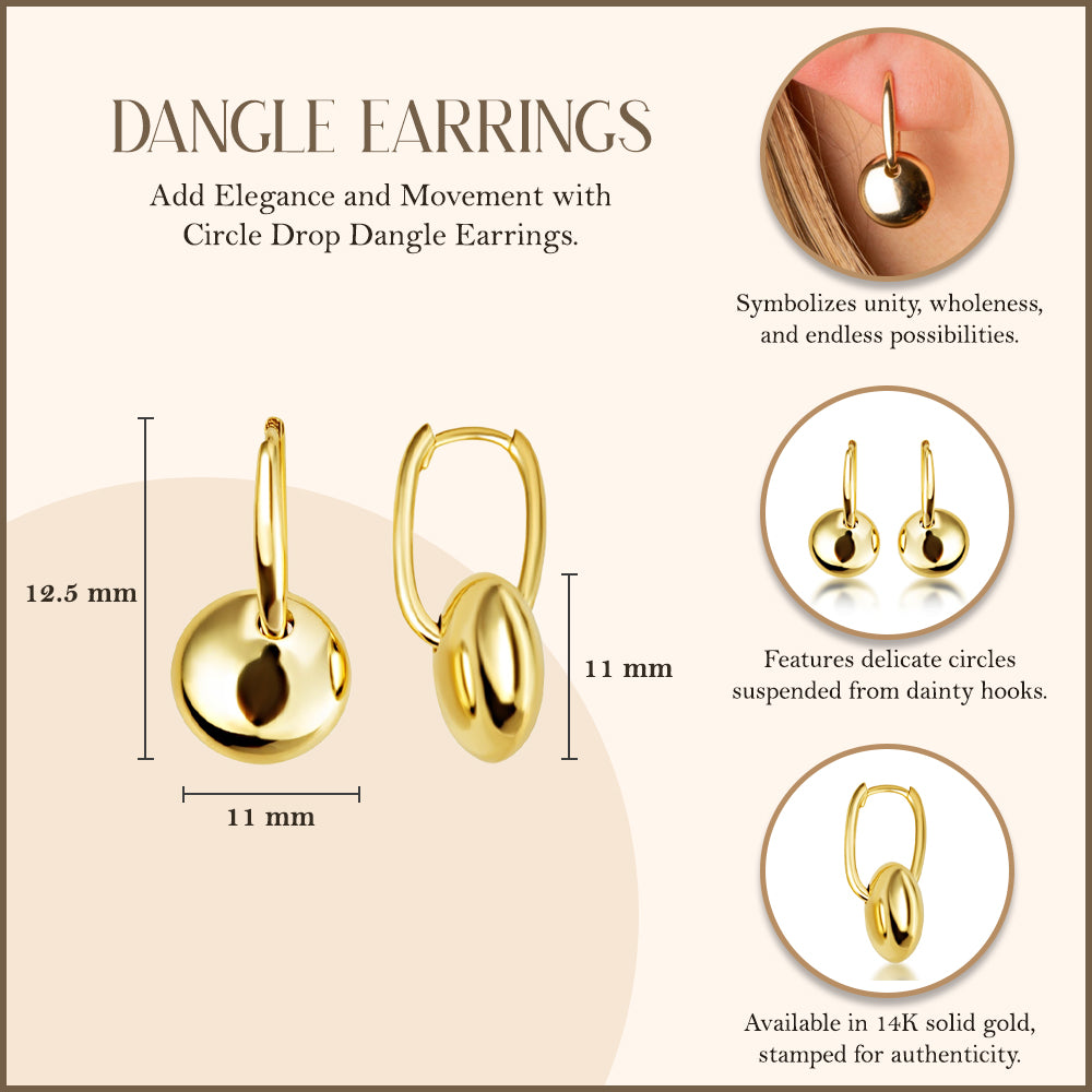 14K Yellow Gold Round Drop Dangle Earrings, view 3