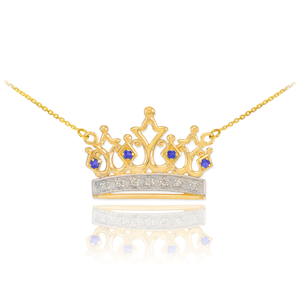 14K Yellow Gold Sapphire Royal Crown Necklace with Diamonds