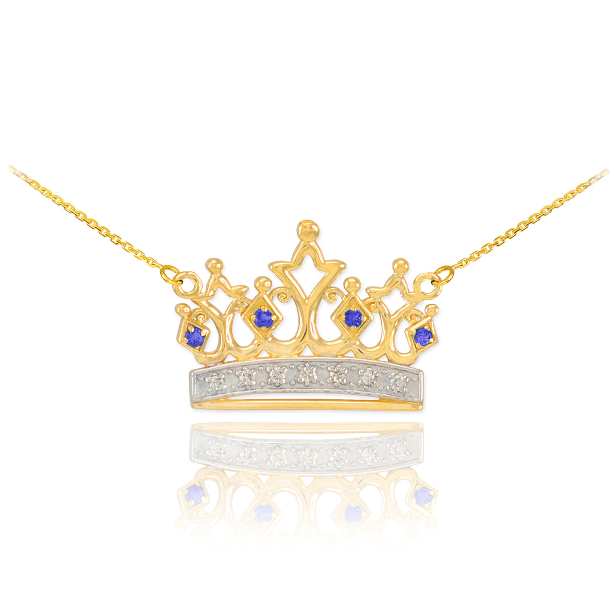 14K Yellow Gold Sapphire Royal Crown Necklace with Diamonds