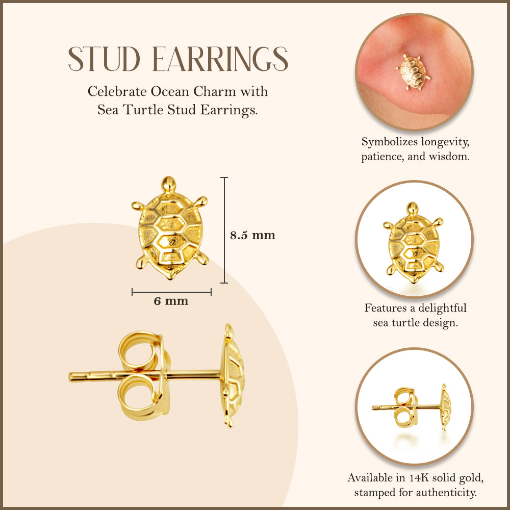 14K Yellow Gold Sea Turtle Ocean Stud Earrings, view 3