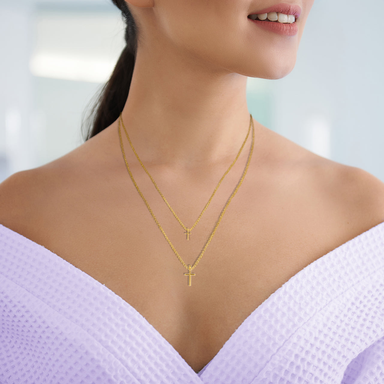 14K Yellow Gold Small Cross Reversible Pendant Necklace, view 2