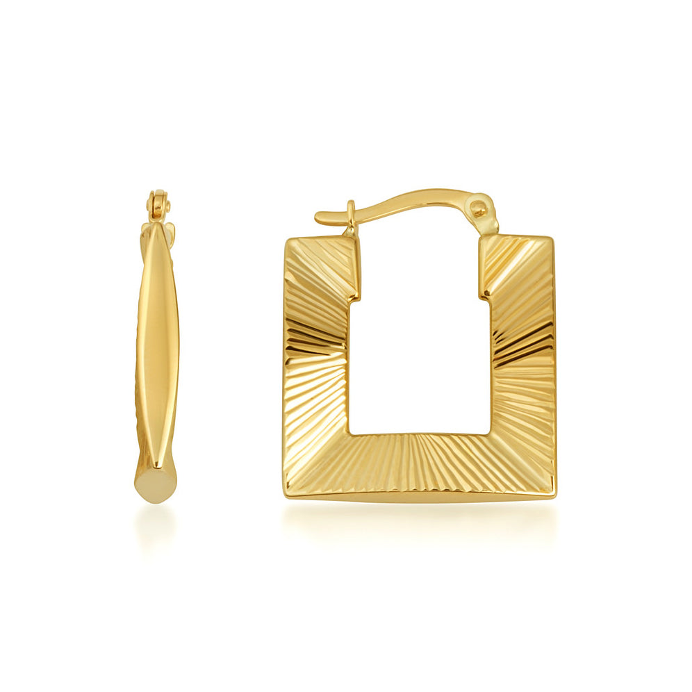 14K Yellow Gold Striped Square Hoop Diamond Cut Earrings