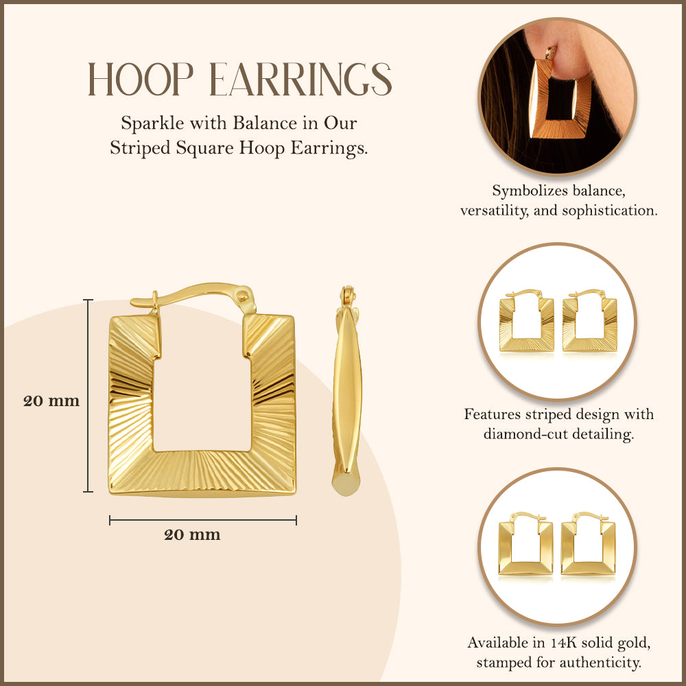 14K Yellow Gold Striped Square Hoop Diamond Cut Earrings, view 4