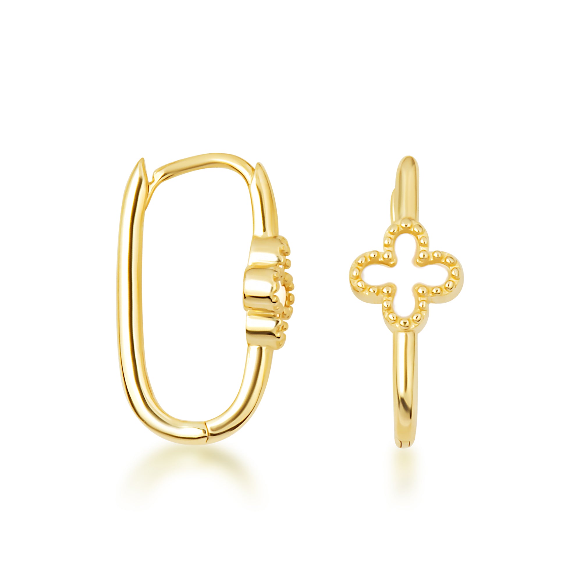 14K Yellow Gold Synthetic Mother of Pearl Gemstone Cross Oval Hoop Earrings