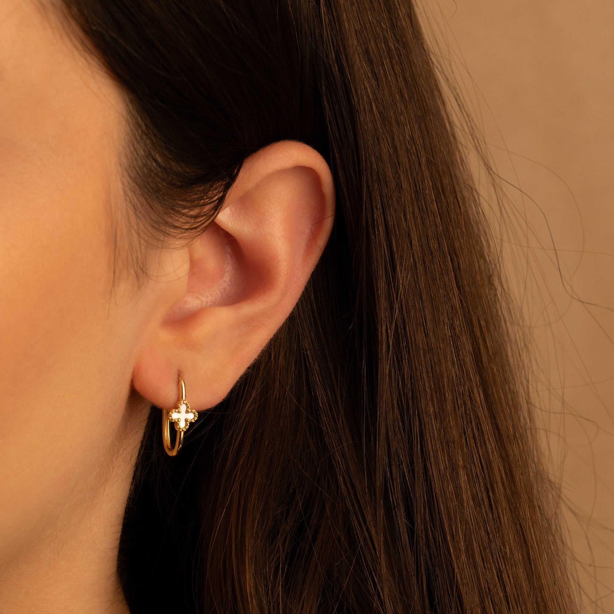14K Yellow Gold Synthetic Mother of Pearl Gemstone Cross Oval Hoop Earrings, view 2