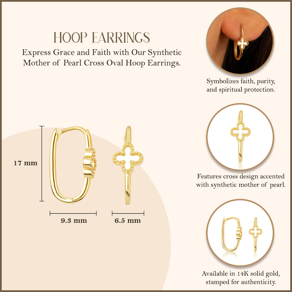 14K Yellow Gold Synthetic Mother of Pearl Gemstone Cross Oval Hoop Earrings, view 3