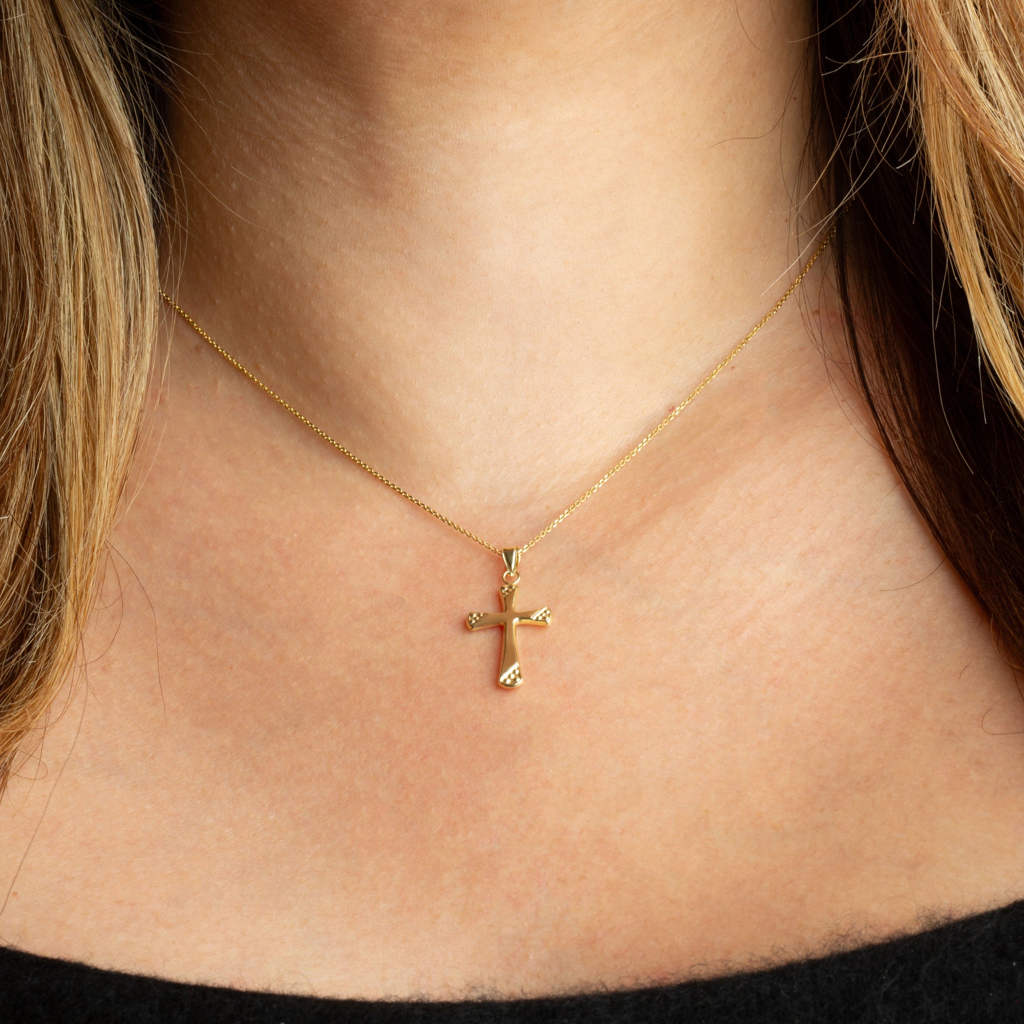 14K Yellow Gold Textured Cross Pendant Necklace, view 2